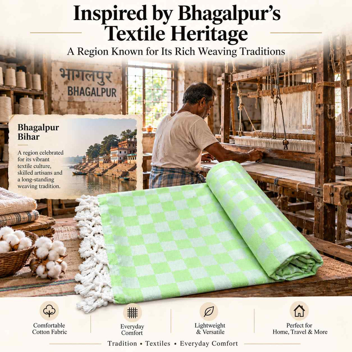 Premium 3D Bhagalpuri Dull Chadar for Single Bed | 100 × 54 Inches | Soft Cotton AC Blanket & Lightweight Summer Chadar