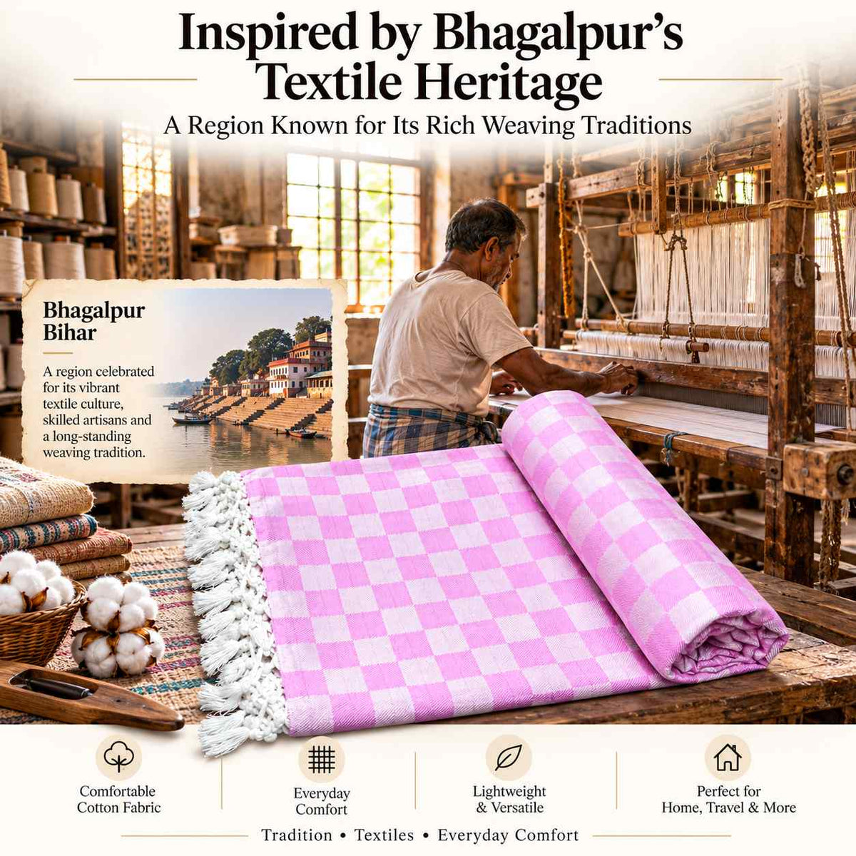 Premium 3D Bhagalpuri Dull Chadar for Single Bed | 100 X 54 Inches | Soft Cotton AC Blanket & Lightweight Summer Chadar