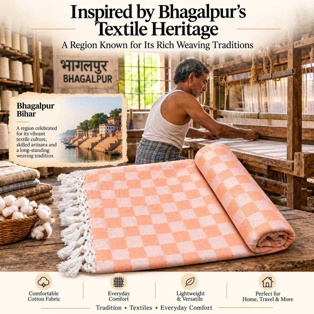 Premium 3D Bhagalpuri Dull Chadar for Single Bed | 100 X 54 Inches | Soft Cotton AC Blanket & Lightweight Summer Chadar