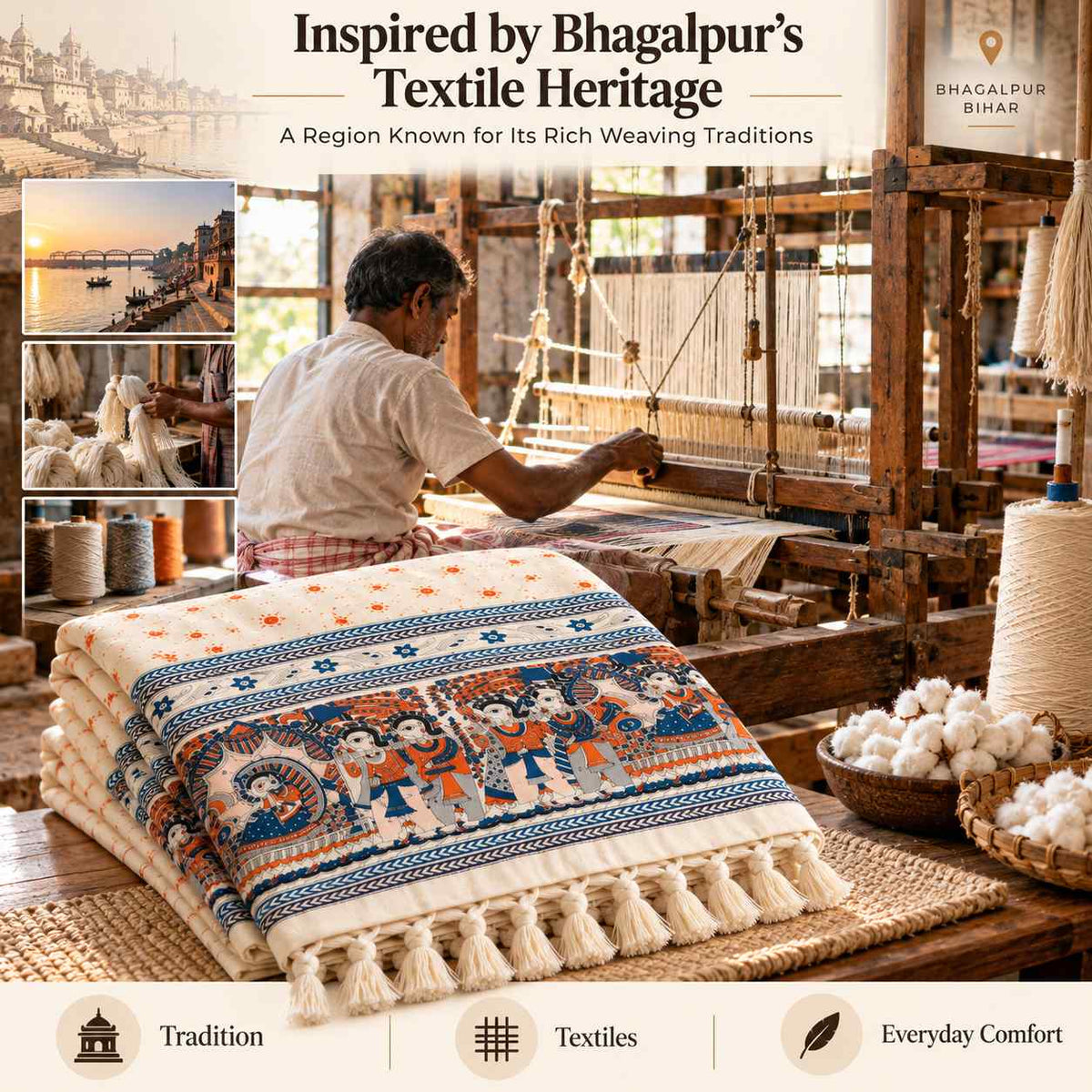 Premium Bhagalpuri Dull Chadar – Traditional Folk Art Printed Cotton AC Blanket | Cream | Single Bed 100 × 52 Inches