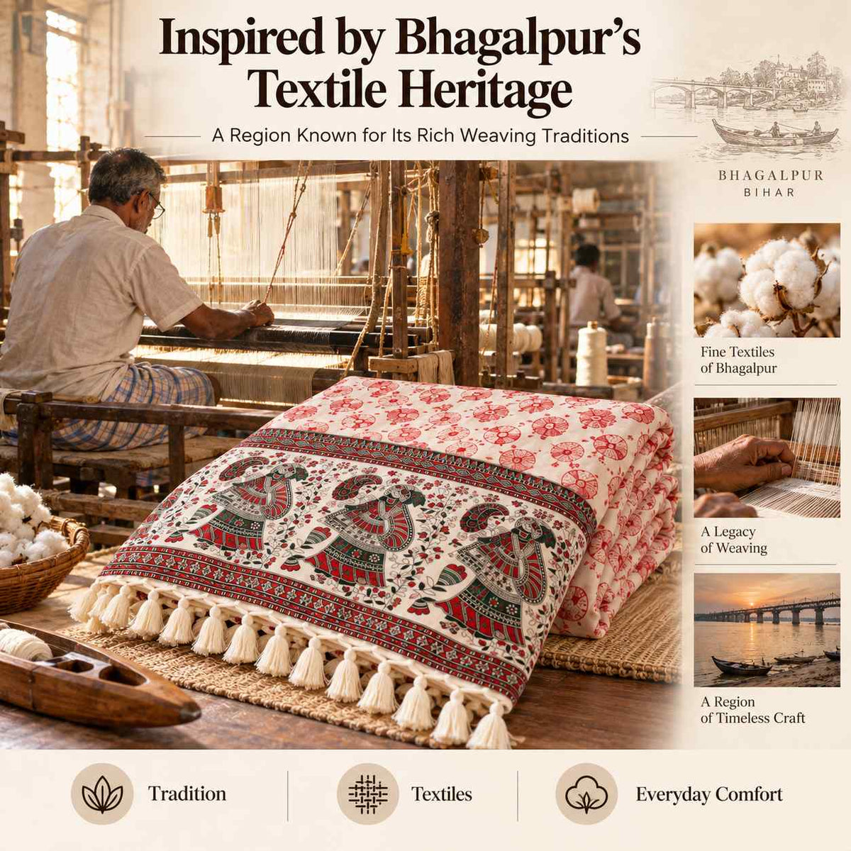 Premium Bhagalpuri Dull Chadar – Floral Printed Cotton AC Blanket for Single Bed | Cream & Red | 100 × 52 Inches