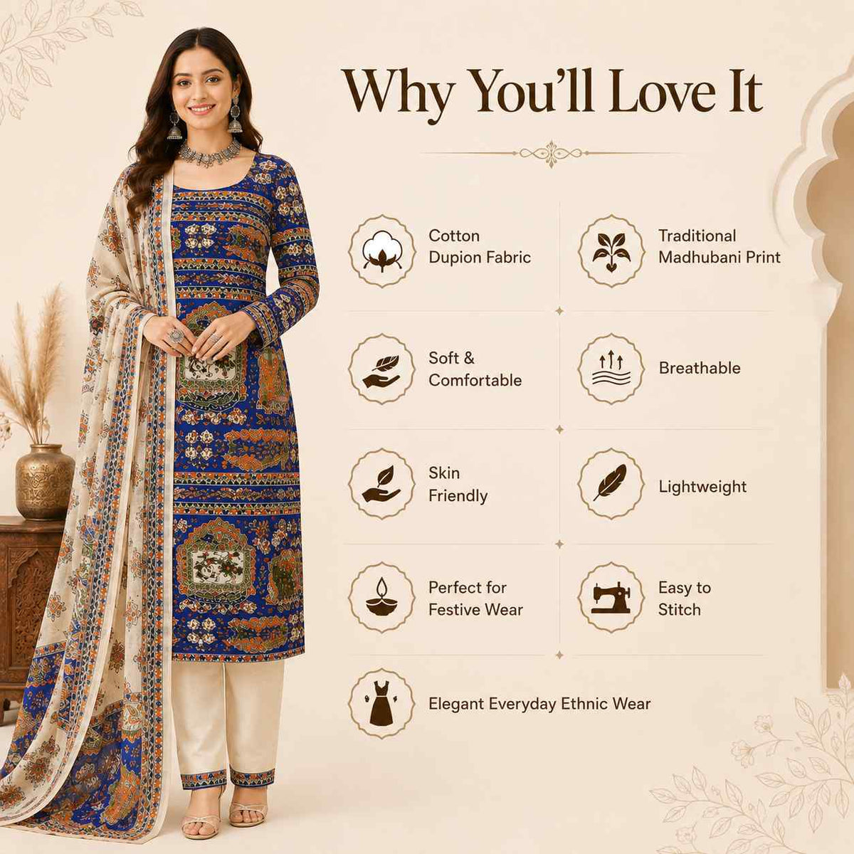 Blue Madhubani Printed Cotton Dupion Unstitched Suit Set with Dupatta – 3 Piece Dress Material