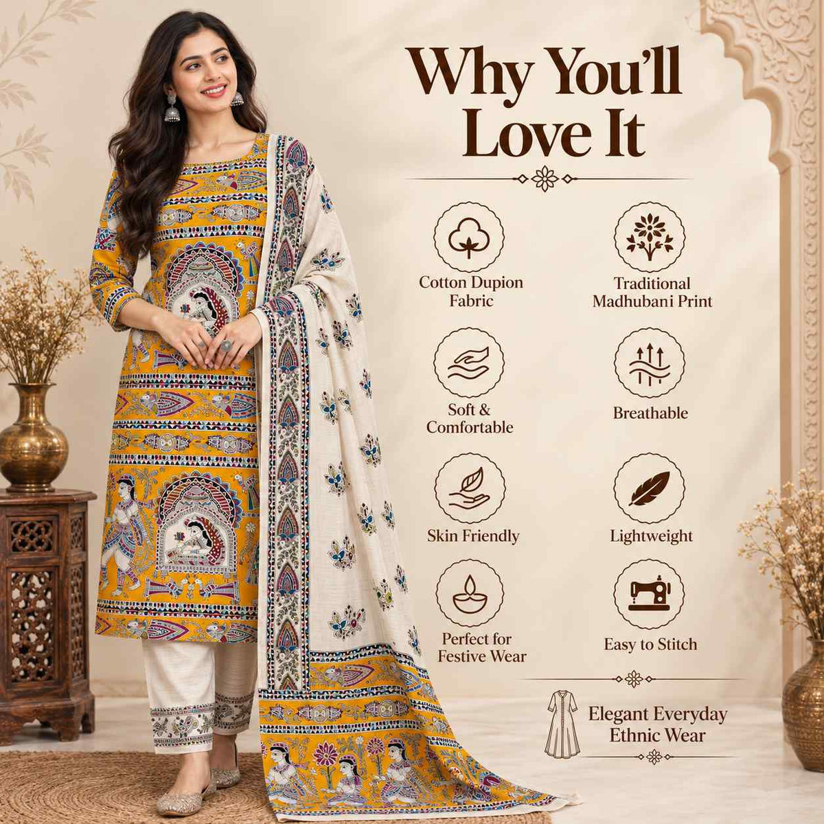 Premium Golden Yellow Madhubani Print Cotton Dupion Dress Material for Women | 3 Piece Unstitched Suit Set with Dupatta