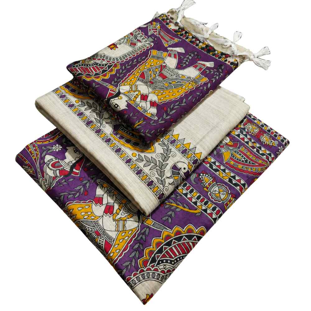 Premium Purple Madhubani Print Cotton Dupion Dress Material for Women | 3 Piece Unstitched Suit Set with Dupatta