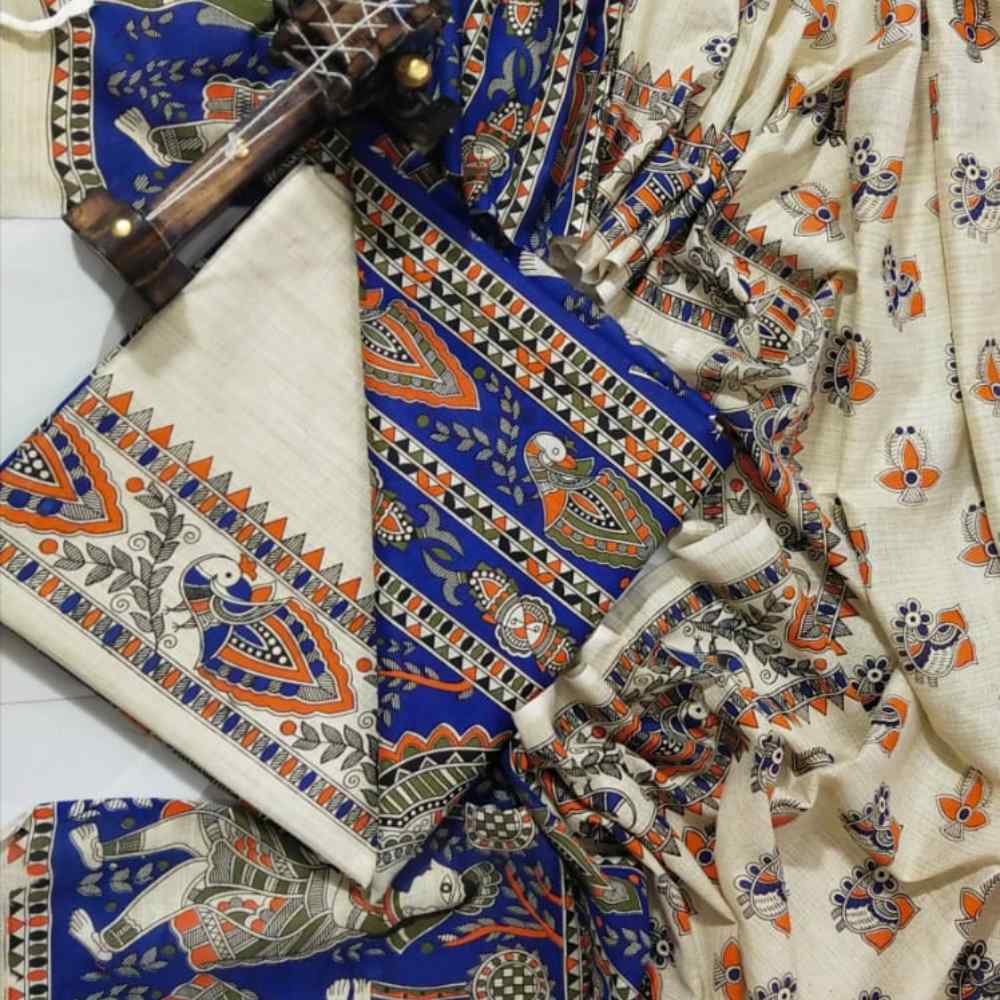 Blue Madhubani Printed Cotton Dupion Unstitched Suit Set with Dupatta – 3 Piece Dress Material