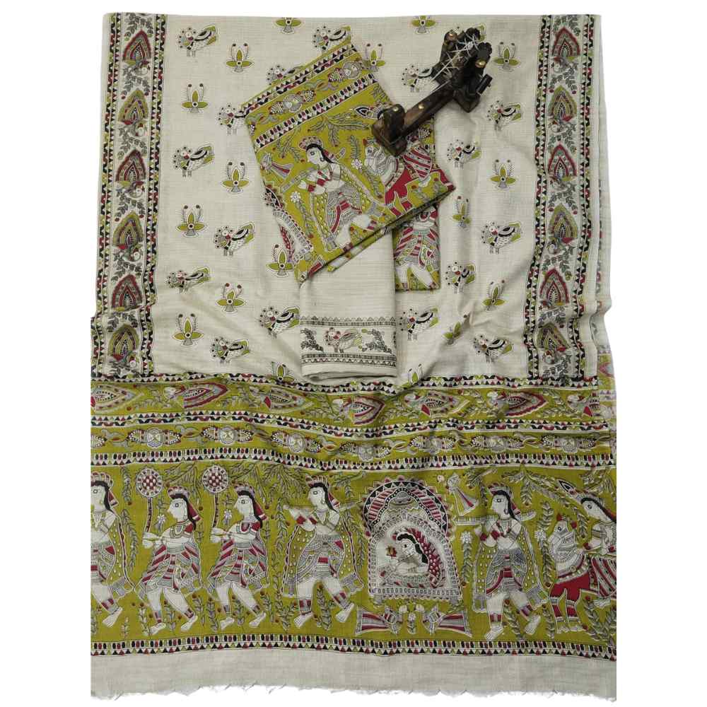 Premium Mustard Yellow Madhubani Print Cotton Dupion Dress Material for Women | 3 Piece Unstitched Suit Set with Dupatta