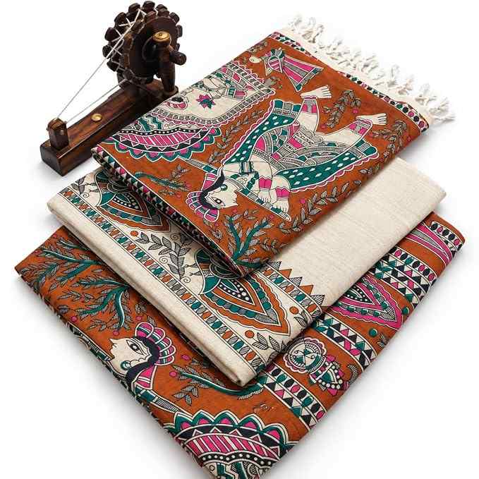 Premium Cotton Dupion Madhubani Print Unstitched Dress Material for Women | 3 Piece Suit Set with Dupatta