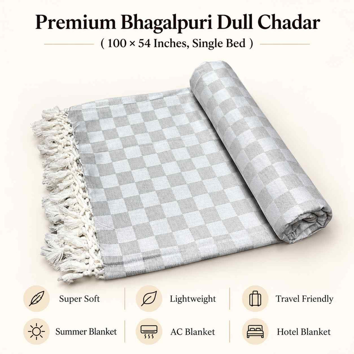 Premium 3D Bhagalpuri Dull Chadar for Single Bed | 100 X 54 Inches | Soft Cotton AC Blanket & Lightweight Summer Chadar