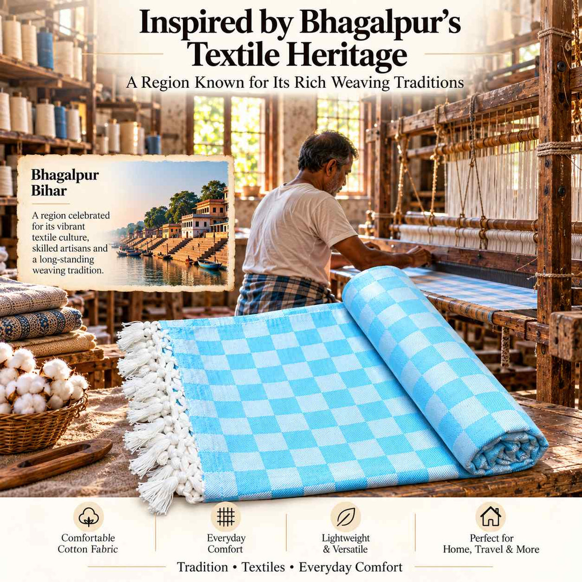 Premium 3D Bhagalpuri Dull Chadar for Single Bed | 100 X 54 Inches | Soft Cotton AC Blanket & Lightweight Summer Chadar