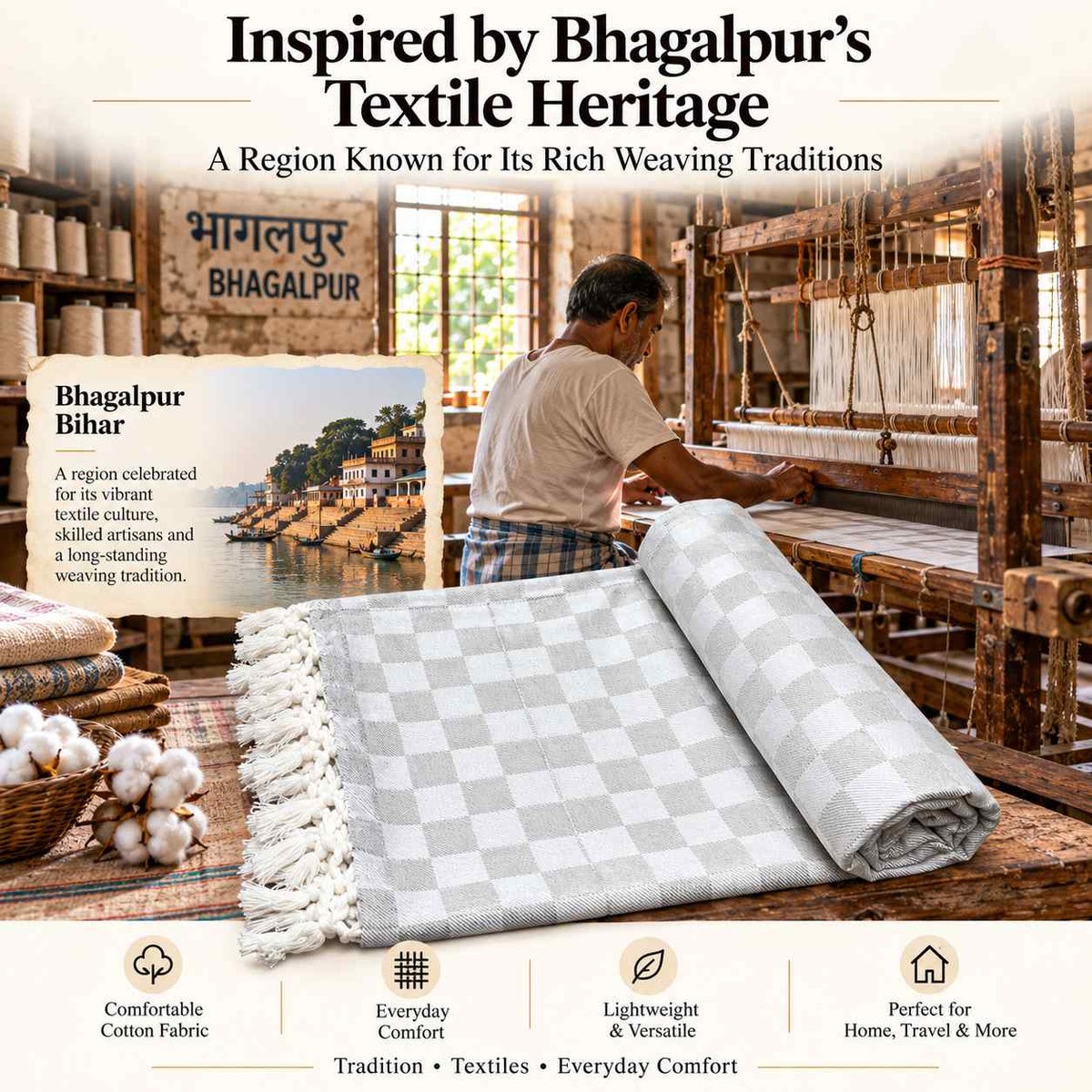 Premium 3D Bhagalpuri Dull Chadar for Single Bed | 100 X 54 Inches | Soft Cotton AC Blanket & Lightweight Summer Chadar