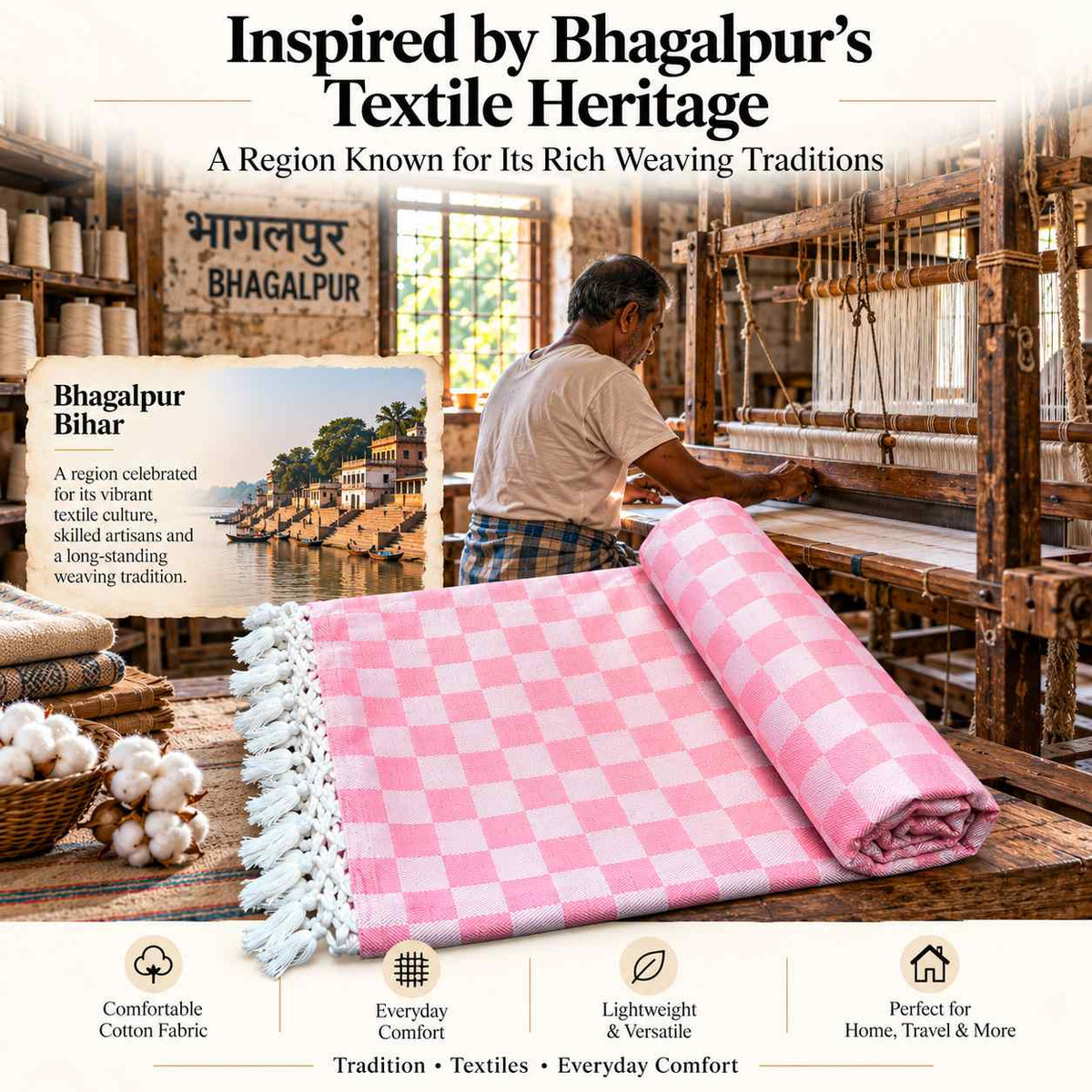 Premium 3D Bhagalpuri Dull Chadar for Single Bed | 100 X 54 Inches | Soft Cotton AC Blanket & Lightweight Summer Chadar