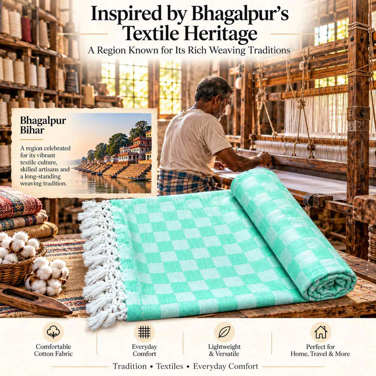 Premium 3D Bhagalpuri Dull Chadar for Single Bed | 100 X 54 Inches | Soft Cotton AC Blanket & Lightweight Summer Chadar