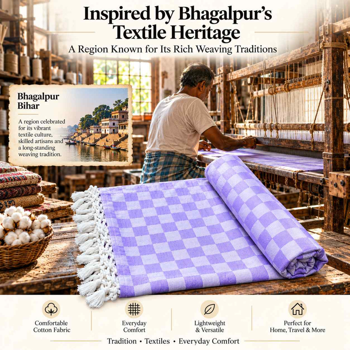 Premium 3D Bhagalpuri Dull Chadar for Single Bed | 100 X 54 Inches | Soft Cotton AC Blanket & Lightweight Summer Chadar