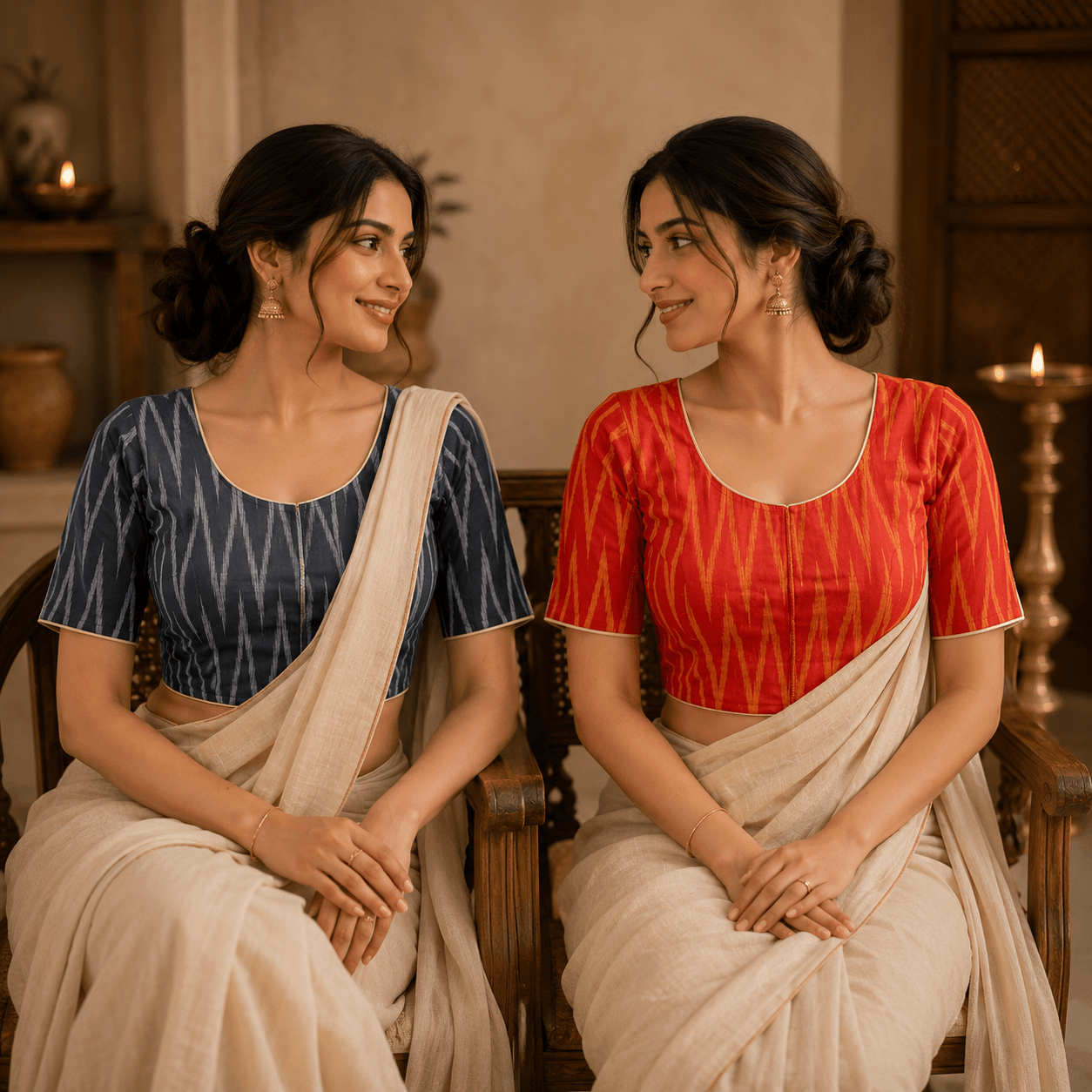 Riyashree Ikkat Cotton Ready-to-Wear Saree Blouse | Pack of 2