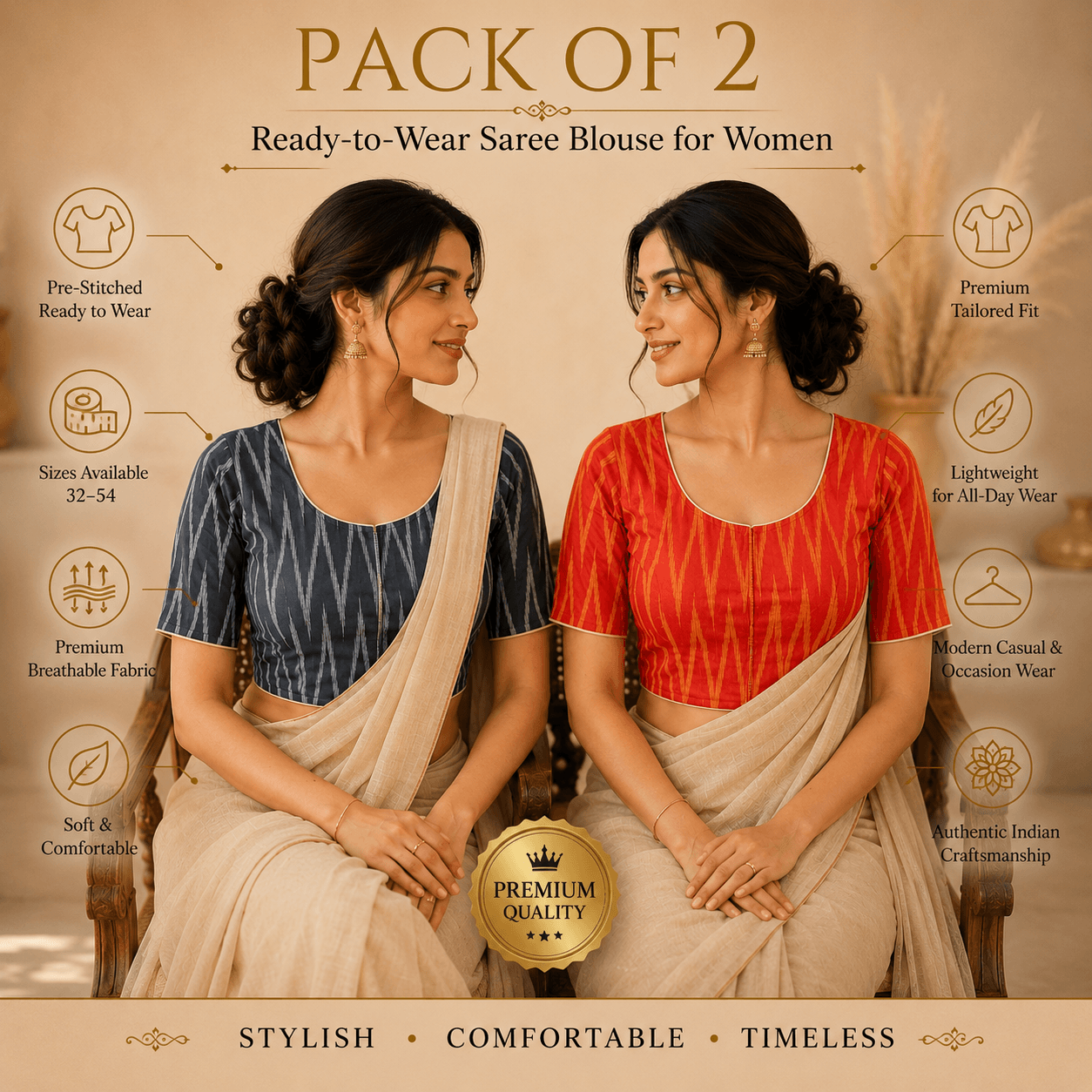 Riyashree Ikkat Cotton Ready-to-Wear Saree Blouse | Pack of 2