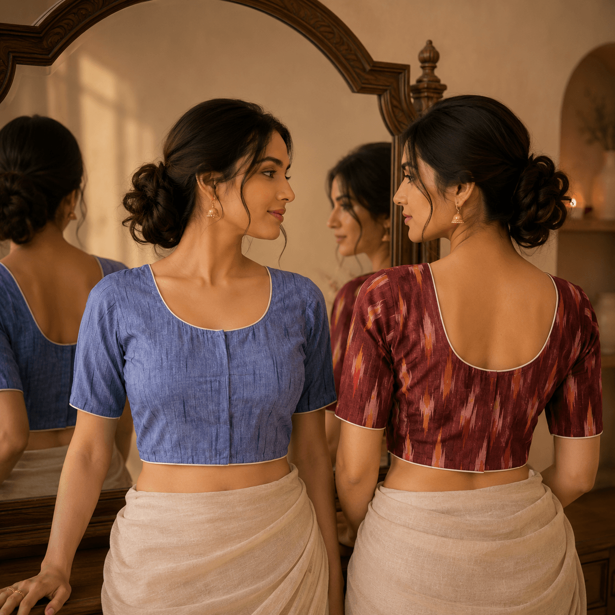 Riyashree Ikkat Cotton Ready-to-Wear Saree Blouse | Pack of 2
