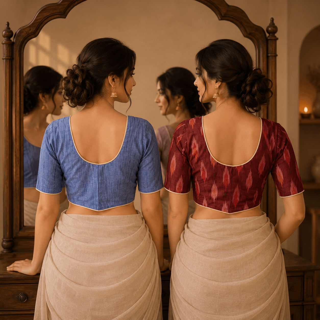 Riyashree Ikkat Cotton Ready-to-Wear Saree Blouse | Pack of 2