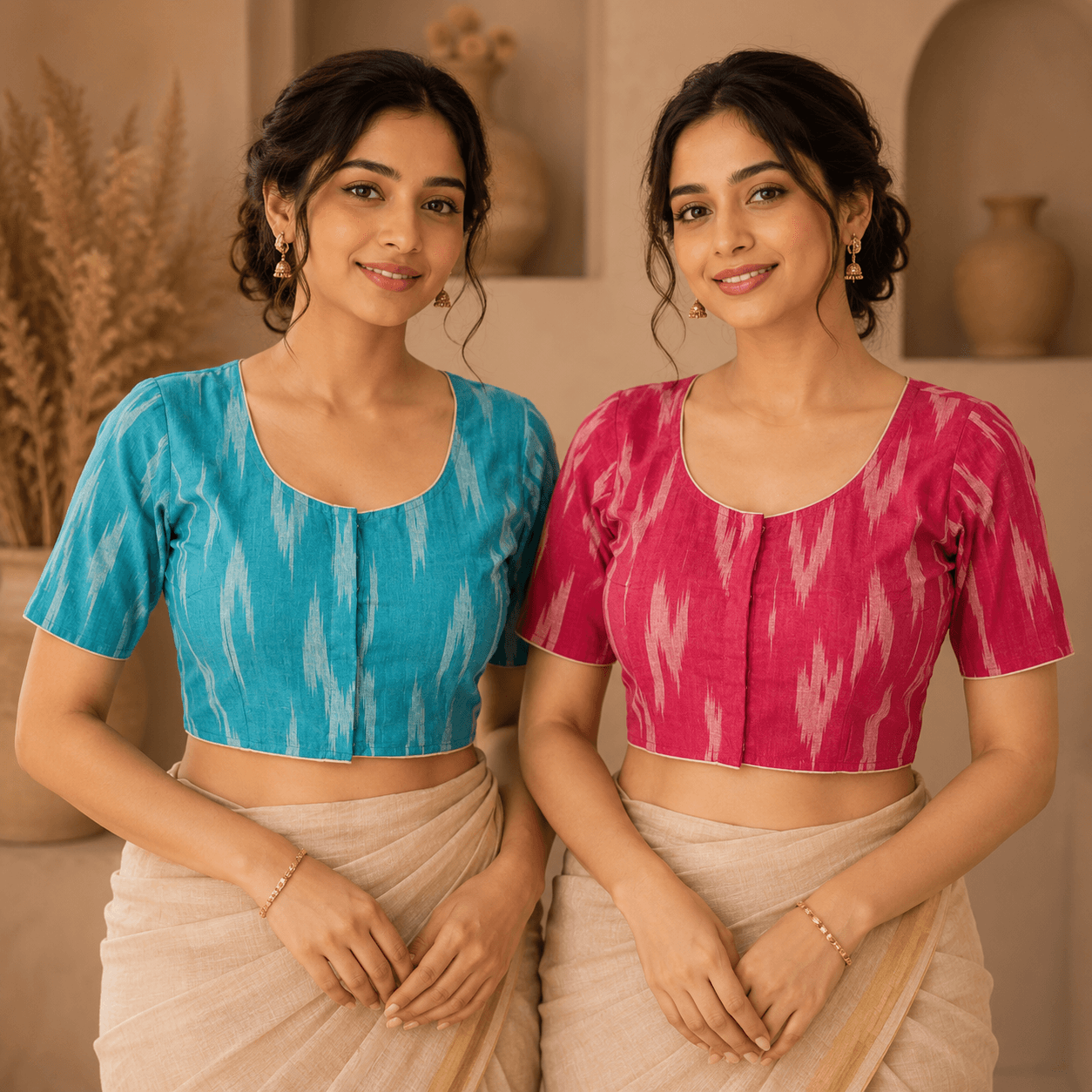 Riyashree Ikkat Cotton Ready-to-Wear Saree Blouse | Pack of 2