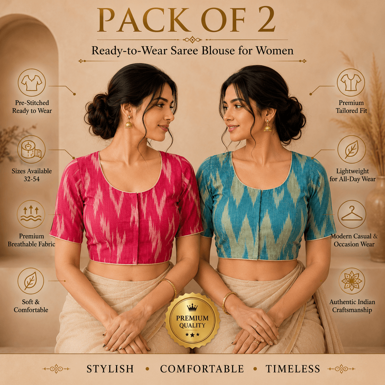 Riyashree Ikkat Cotton Ready-to-Wear Saree Blouse | Pack of 2