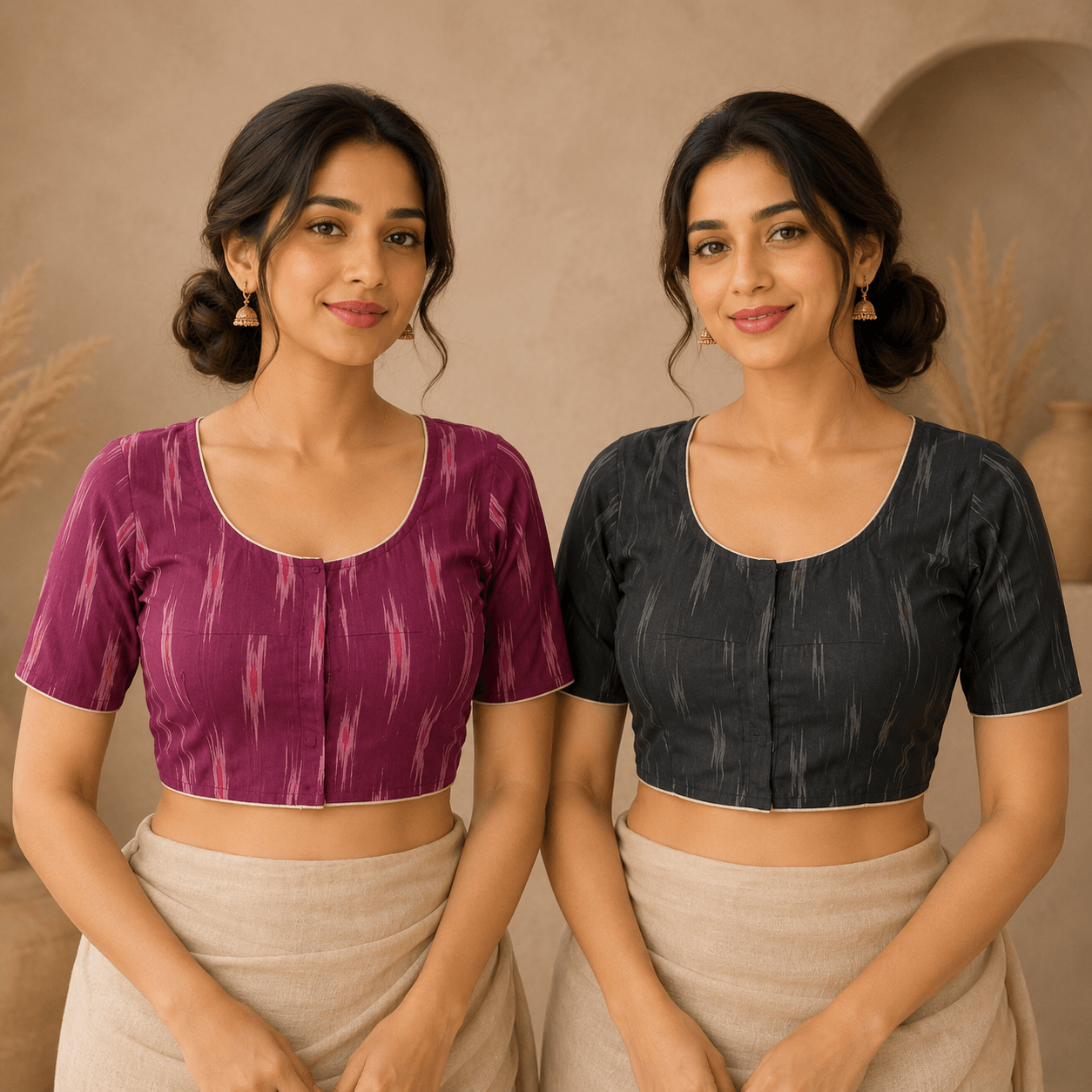 Riyashree Ikkat Cotton Ready-to-Wear Saree Blouse | Pack of 2