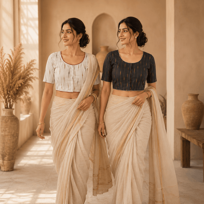 Ikkat Cotton Saree Blouse – Ready to Wear, Pack of 2