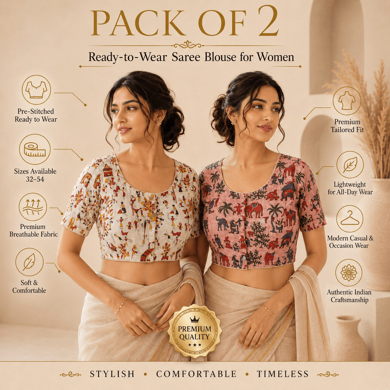 Riyashree Madhubani Cotton Ready-to-Wear Saree Blouse | Pack of 2