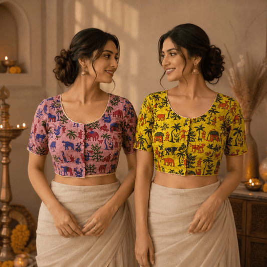 Riyashree Madhubani Cotton Ready-to-Wear Saree Blouse | Pack of 2