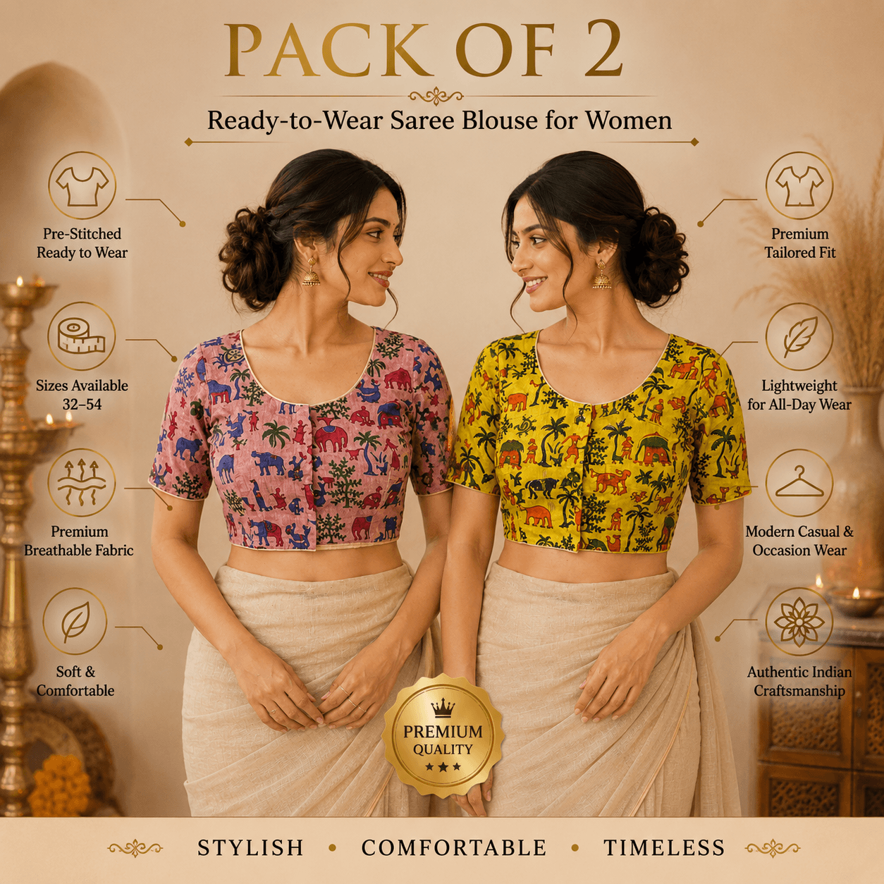 Riyashree Madhubani Cotton Ready-to-Wear Saree Blouse | Pack of 2