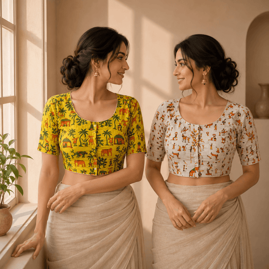 Riyashree Madhubani Cotton Ready-to-Wear Saree Blouse | Pack of 2