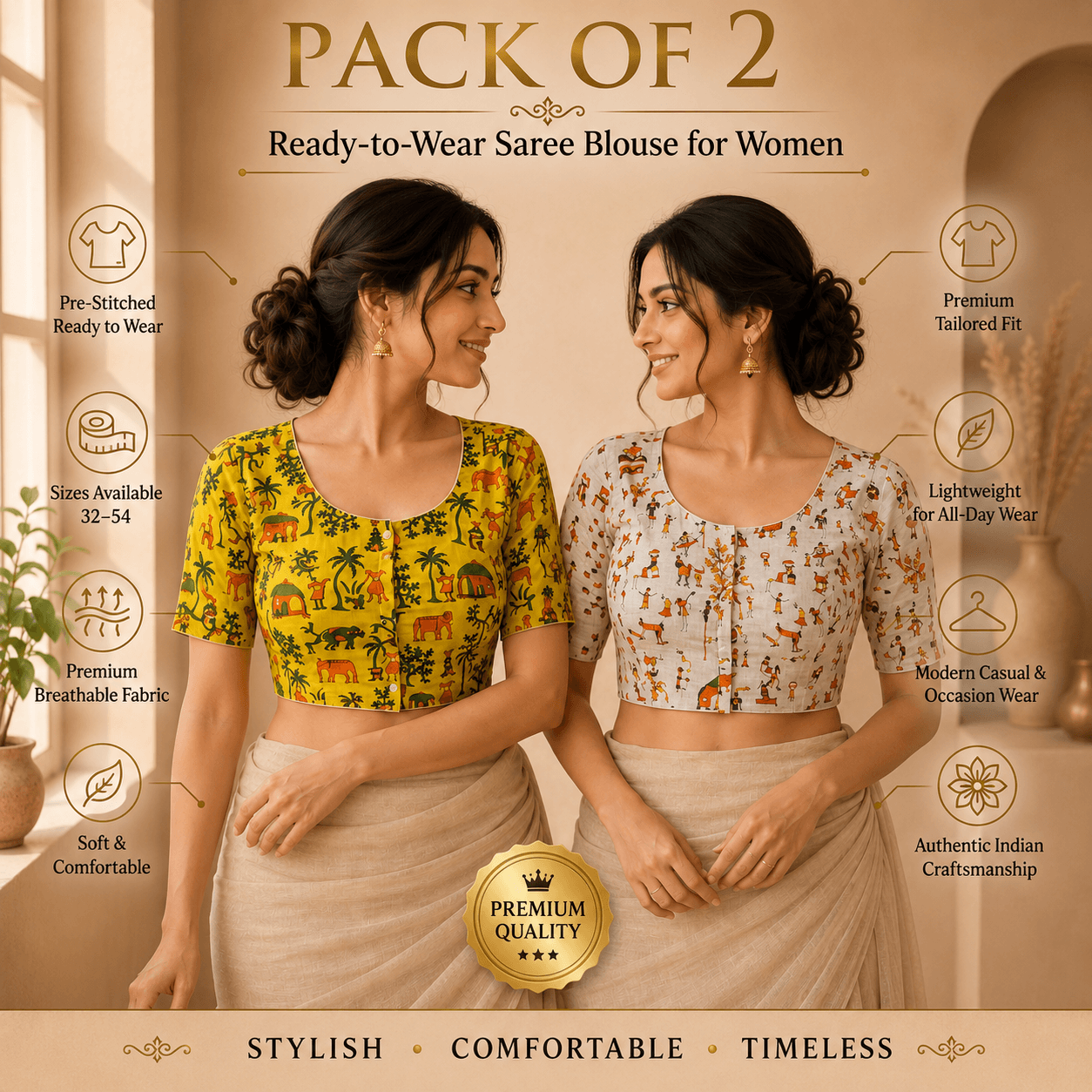 Riyashree Madhubani Cotton Ready-to-Wear Saree Blouse | Pack of 2