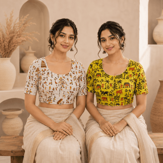 Riyashree Madhubani Cotton Ready-to-Wear Saree Blouse | Pack of 2