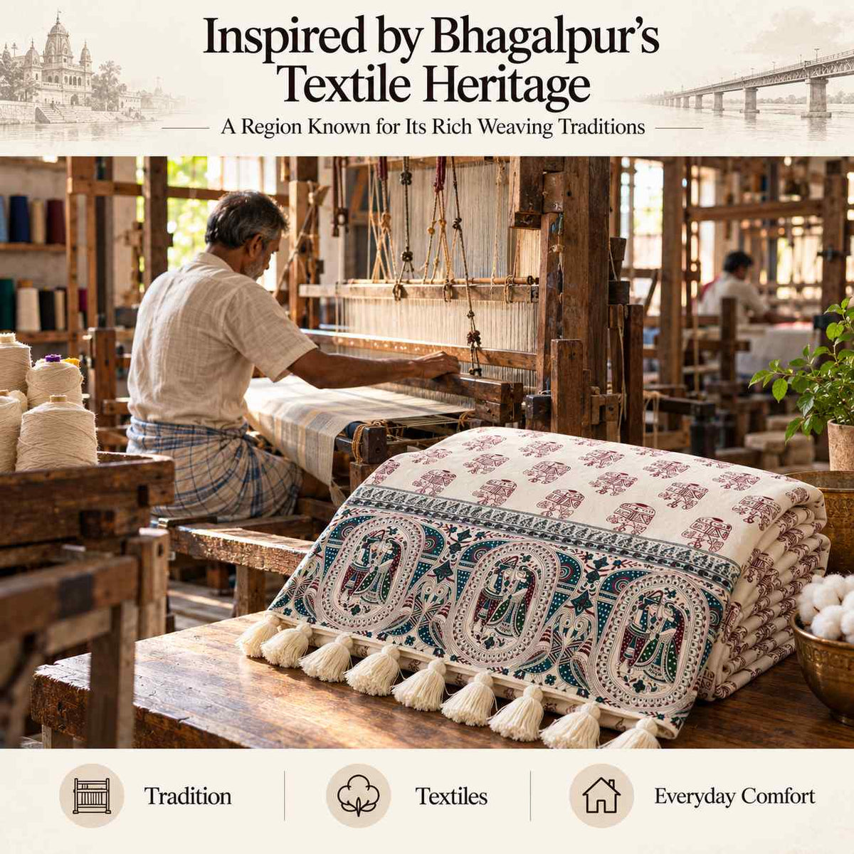 Premium Bhagalpuri Dull Chadar – Elephant Printed Cotton AC Blanket for Single Bed | Cream | 52 × 100 Inches