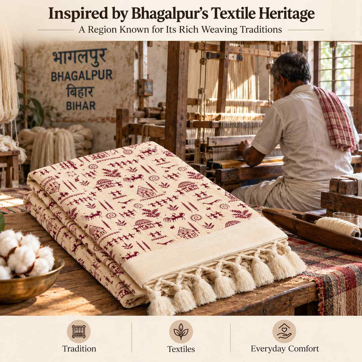 Bhagalpuri Dull Chadar Cotton AC Blanket, Warli Printed, Cream Maroon, Single Bed, 52 x 100 Inches