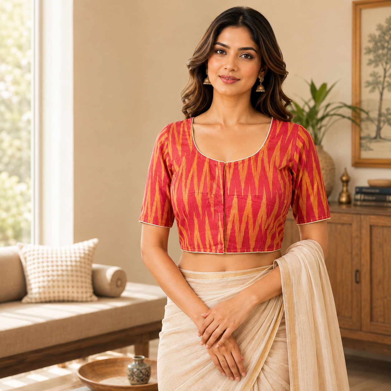 Ikkat Cotton Ready to wear Saree Blouse â Ready to Wear