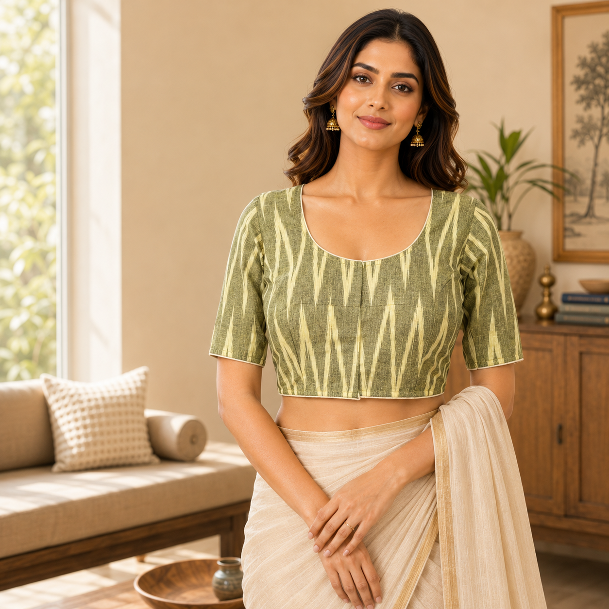 Ikkat Cotton Ready to wear Saree Blouse â Ready to Wear