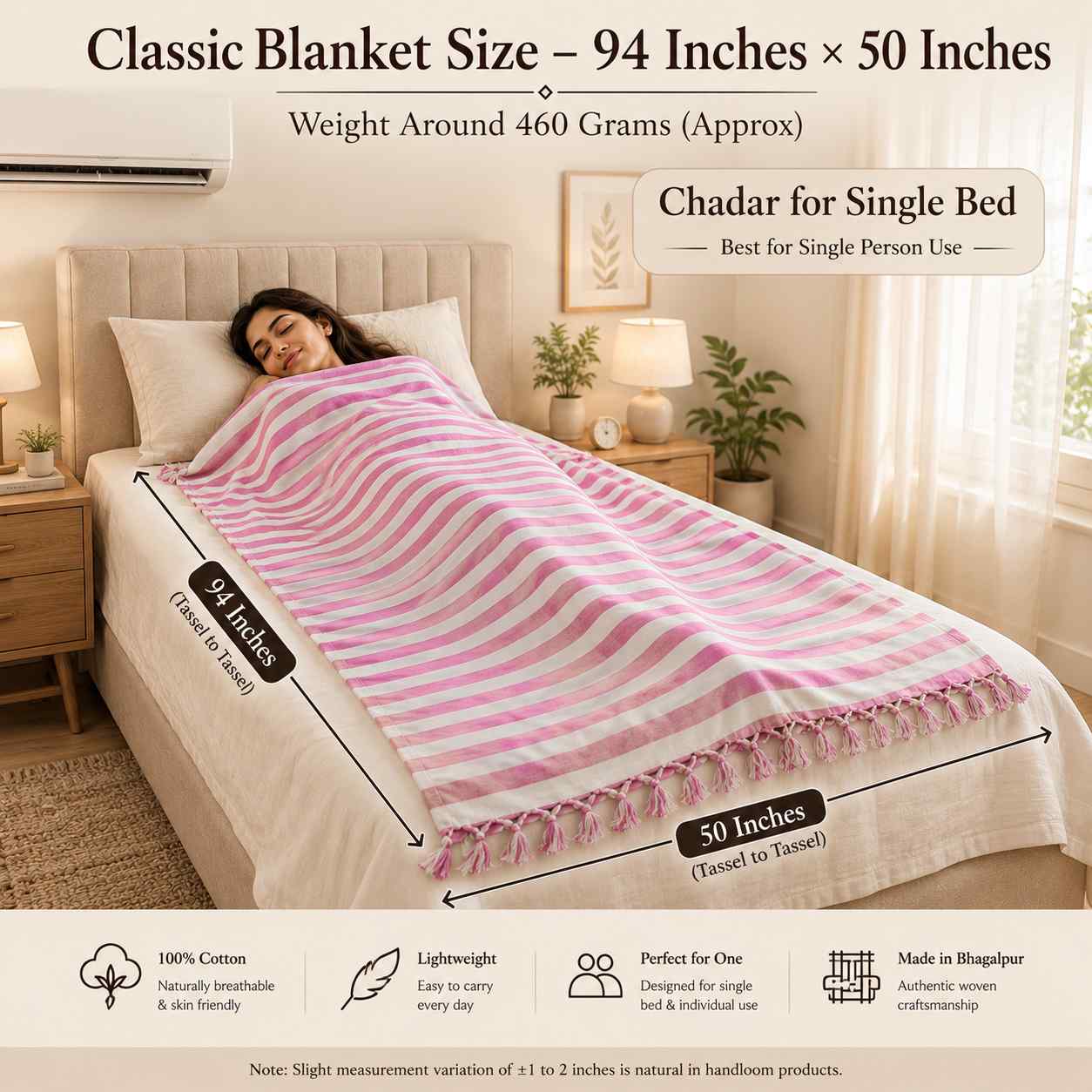 Authentic Bhagalpuri Dull Chadar – Lightweight Pure Cotton AC & Travel Blanket - Classic ( 94×50 in )