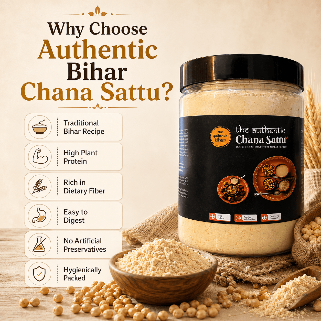 Authentic Bihar Chana Sattu | Traditional Roasted Gram Flour | High Protein Natural Superfood