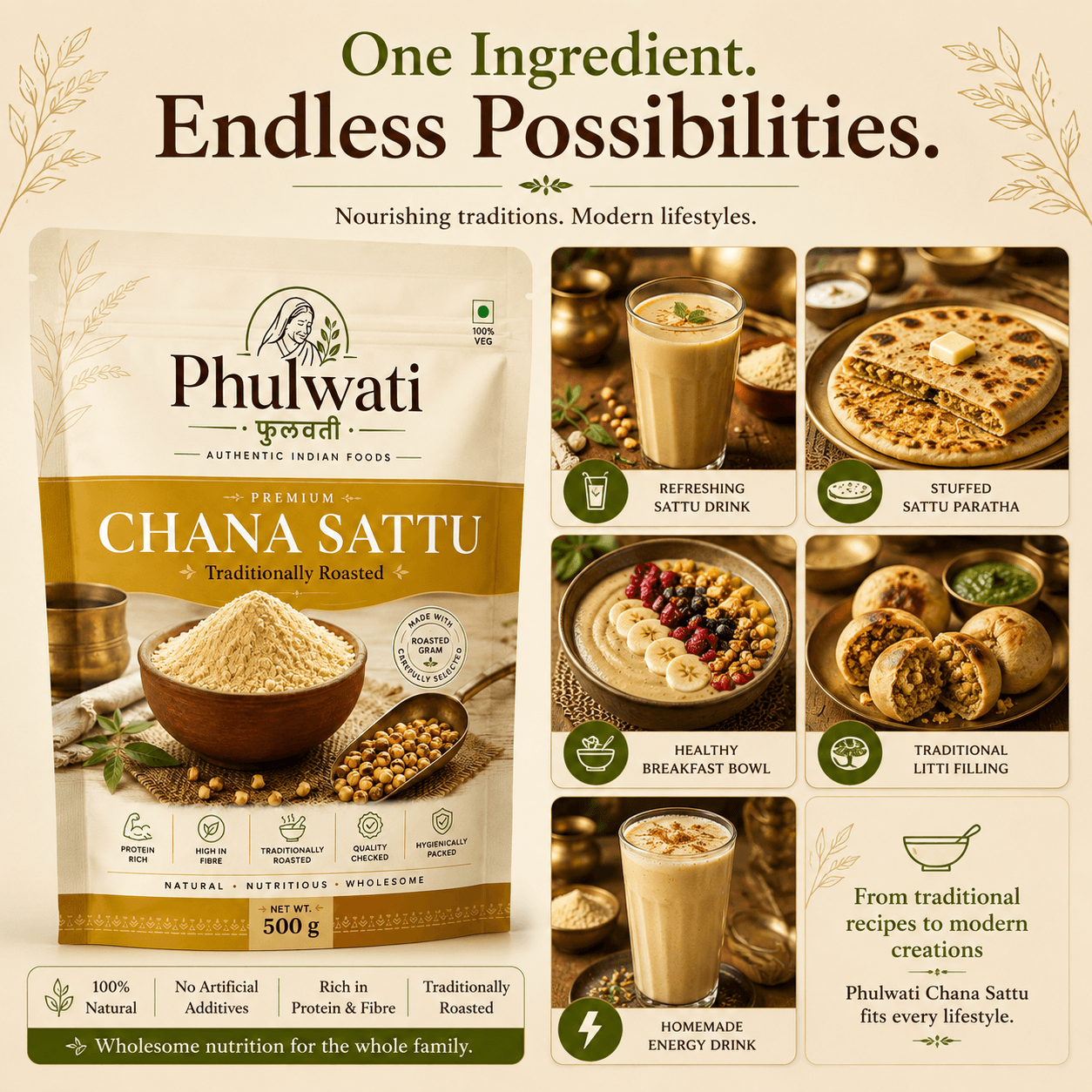 Phulwati Premium Chana Sattu | Traditionally Roasted Gram Flour | Protein Rich | High in Dietary Fiber | Authentic Indian Foods