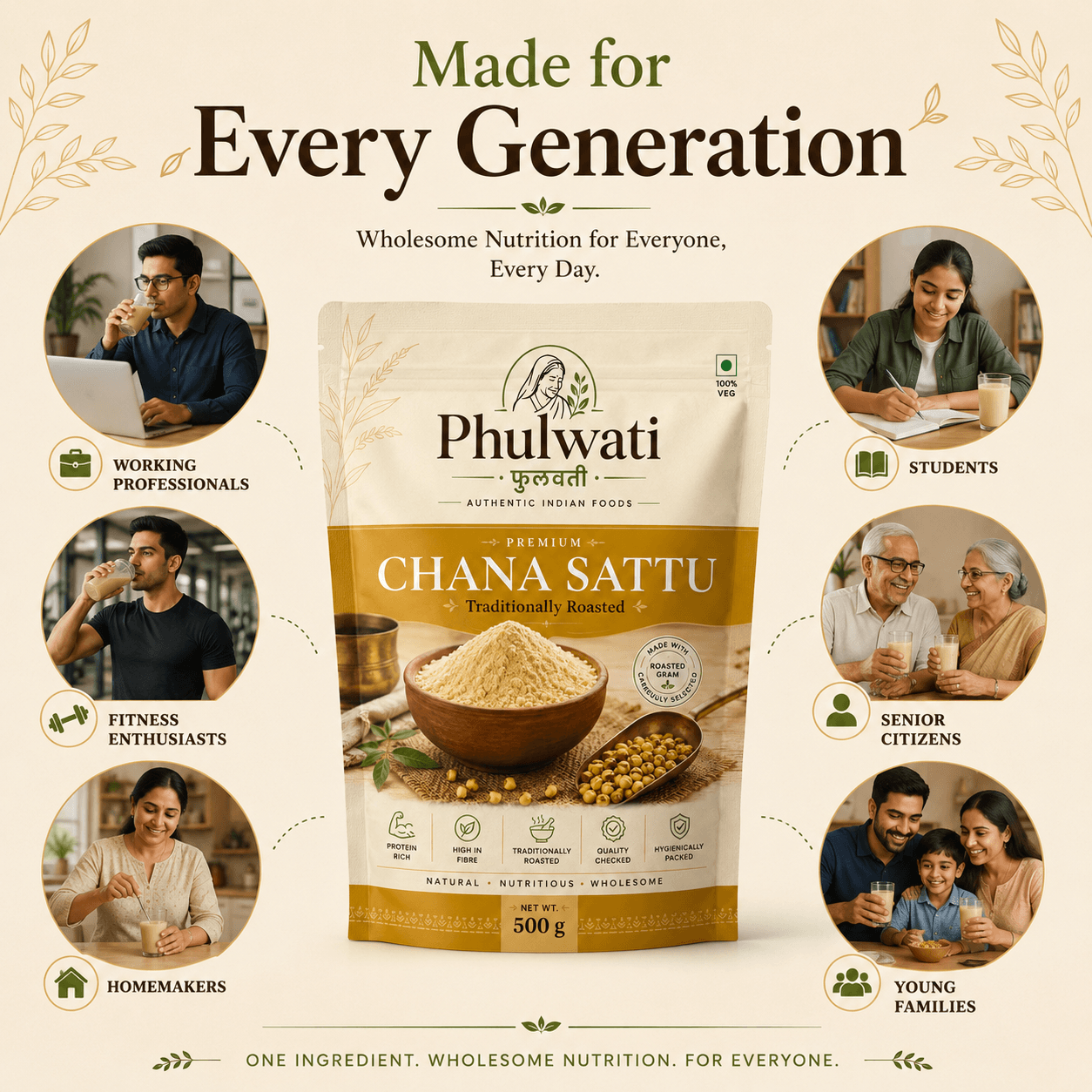 Phulwati Premium Chana Sattu | Traditionally Roasted Gram Flour | Protein Rich | High in Dietary Fiber | Authentic Indian Foods