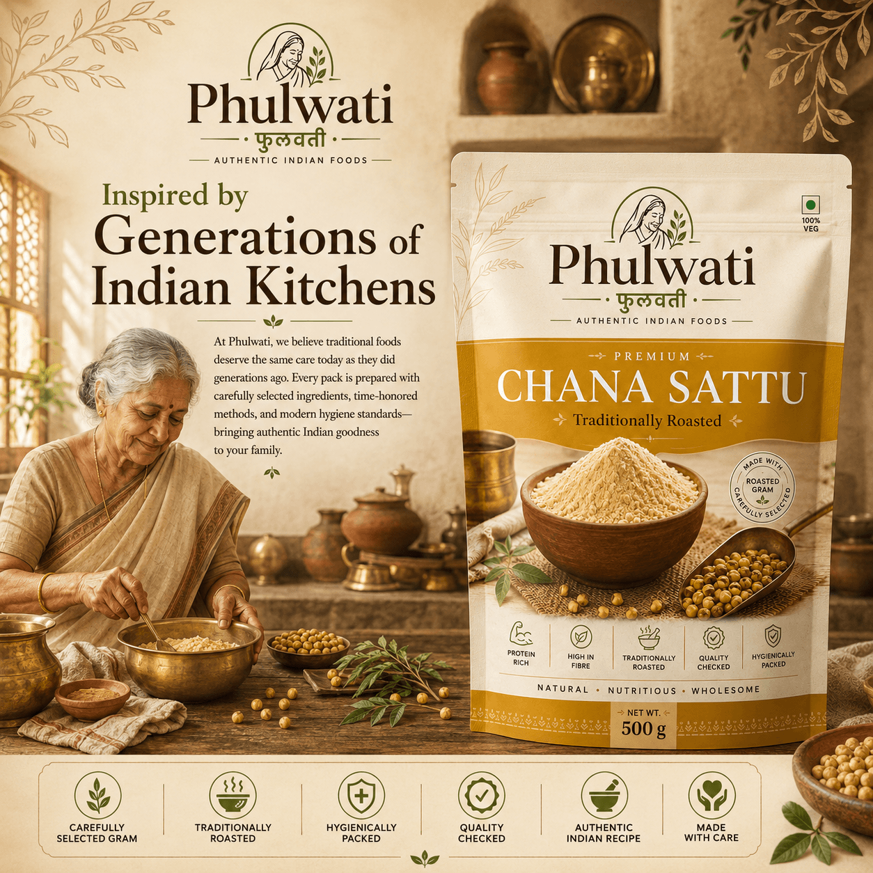 Phulwati Premium Chana Sattu | Traditionally Roasted Gram Flour | Protein Rich | High in Dietary Fiber | Authentic Indian Foods