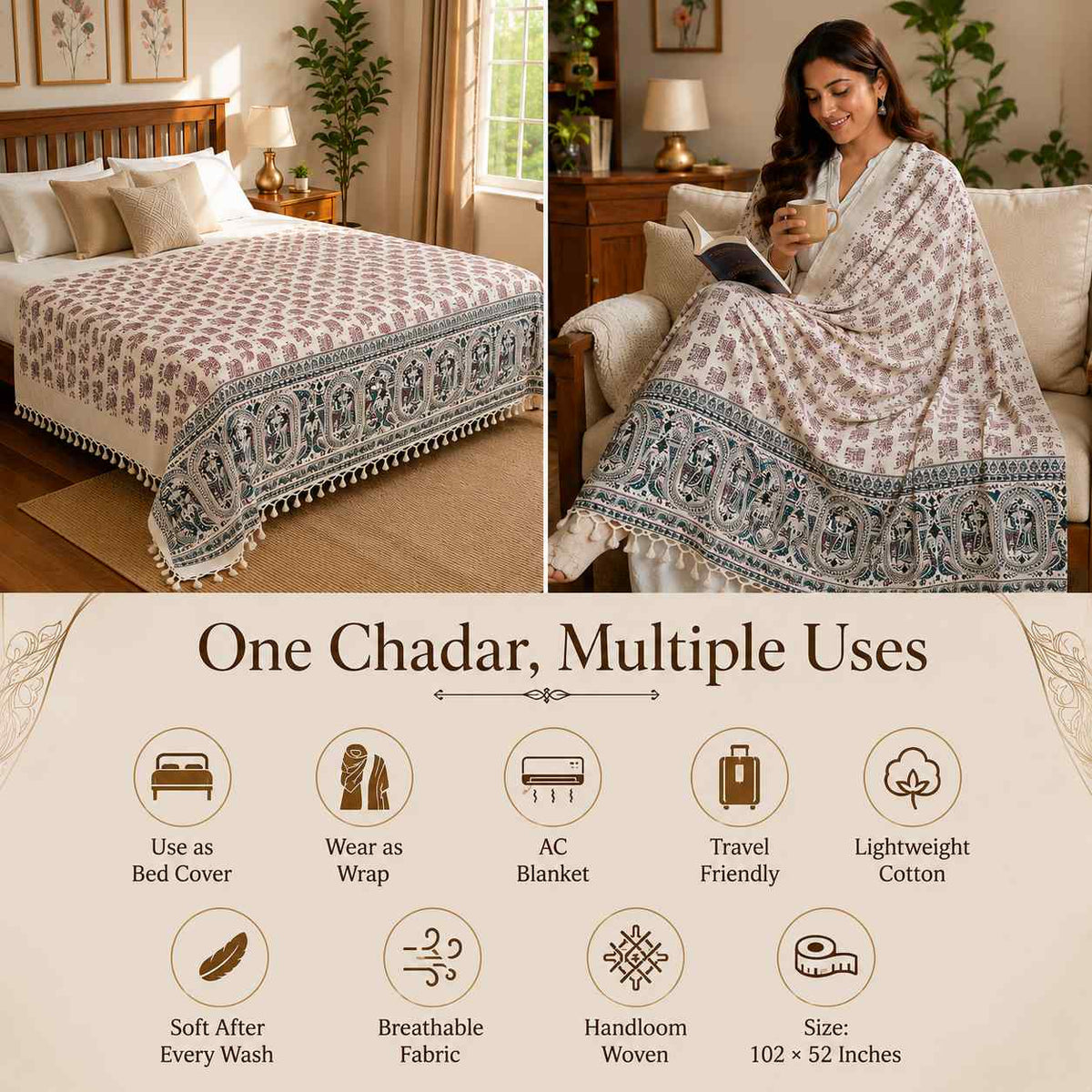 Premium Bhagalpuri Dull Chadar – Elephant Printed Cotton AC Blanket for Single Bed | Cream | 52 × 100 Inches