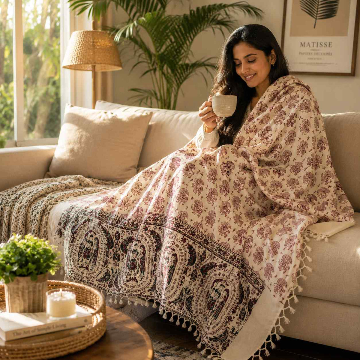 Premium Bhagalpuri Dull Chadar – Elephant Printed Cotton AC Blanket for Single Bed | Cream | 52 × 100 Inches