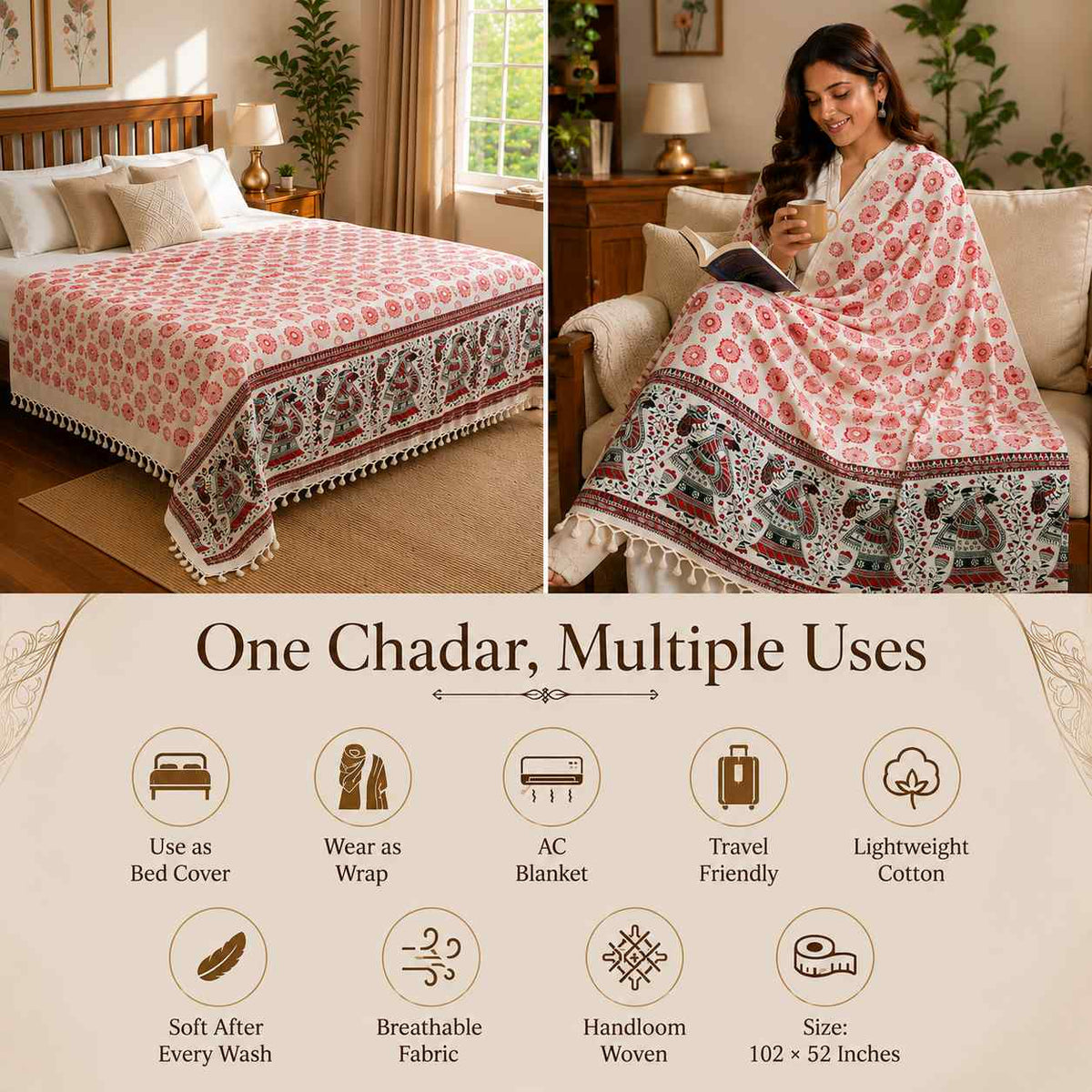 Premium Bhagalpuri Dull Chadar – Floral Printed Cotton AC Blanket for Single Bed | Cream & Red | 100 × 52 Inches