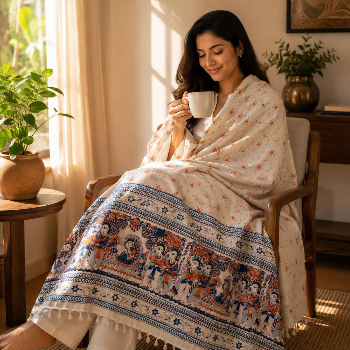 Premium Bhagalpuri Dull Chadar – Traditional Folk Art Printed Cotton AC Blanket | Cream | Single Bed 100 × 52 Inches