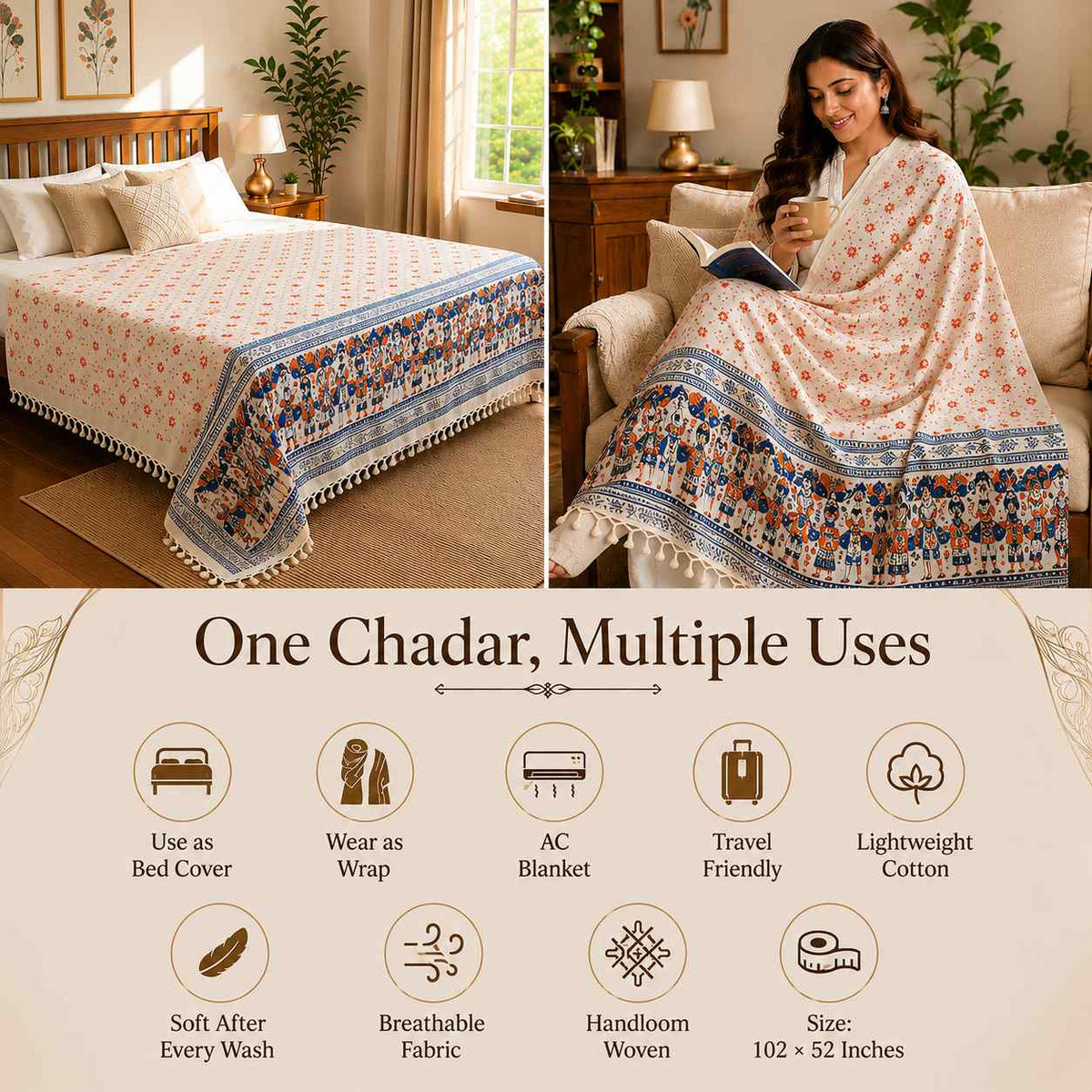 Premium Bhagalpuri Dull Chadar – Traditional Folk Art Printed Cotton AC Blanket | Cream | Single Bed 100 × 52 Inches