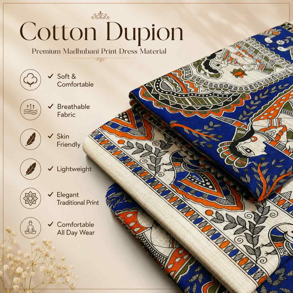 Blue Madhubani Printed Cotton Dupion Unstitched Suit Set with Dupatta – 3 Piece Dress Material