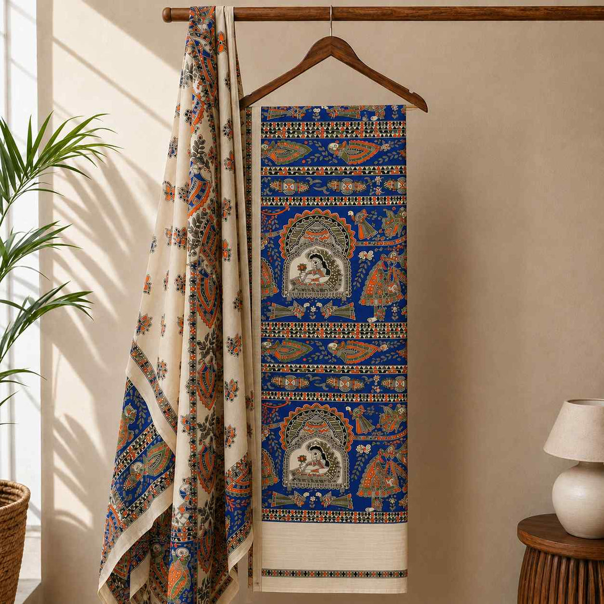 Blue Madhubani Printed Cotton Dupion Unstitched Suit Set with Dupatta – 3 Piece Dress Material