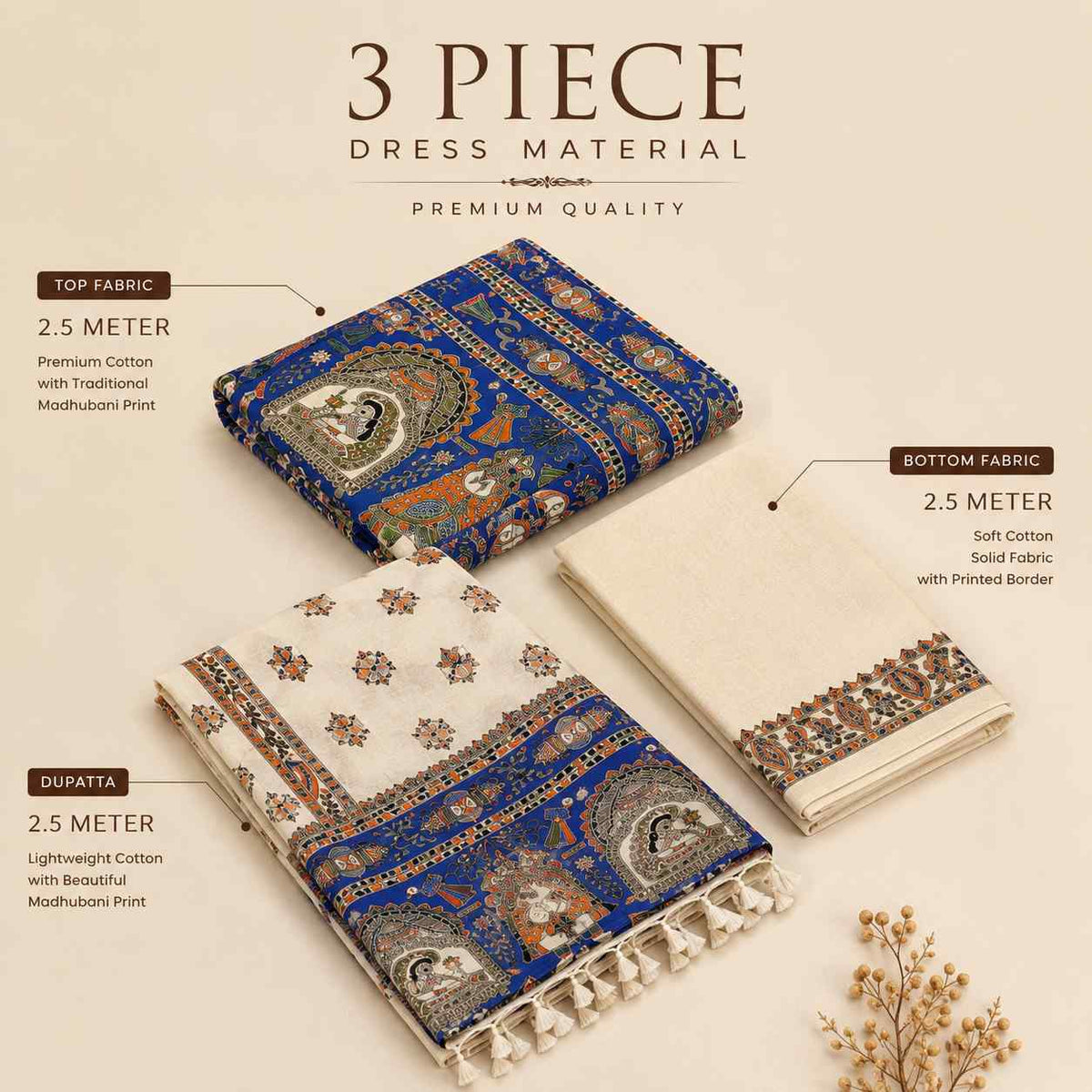 Blue Madhubani Printed Cotton Dupion Unstitched Suit Set with Dupatta – 3 Piece Dress Material