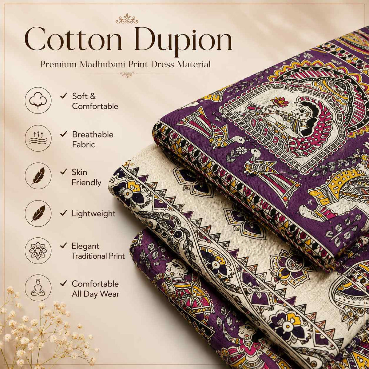 Premium Purple Madhubani Print Cotton Dupion Dress Material for Women | 3 Piece Unstitched Suit Set with Dupatta