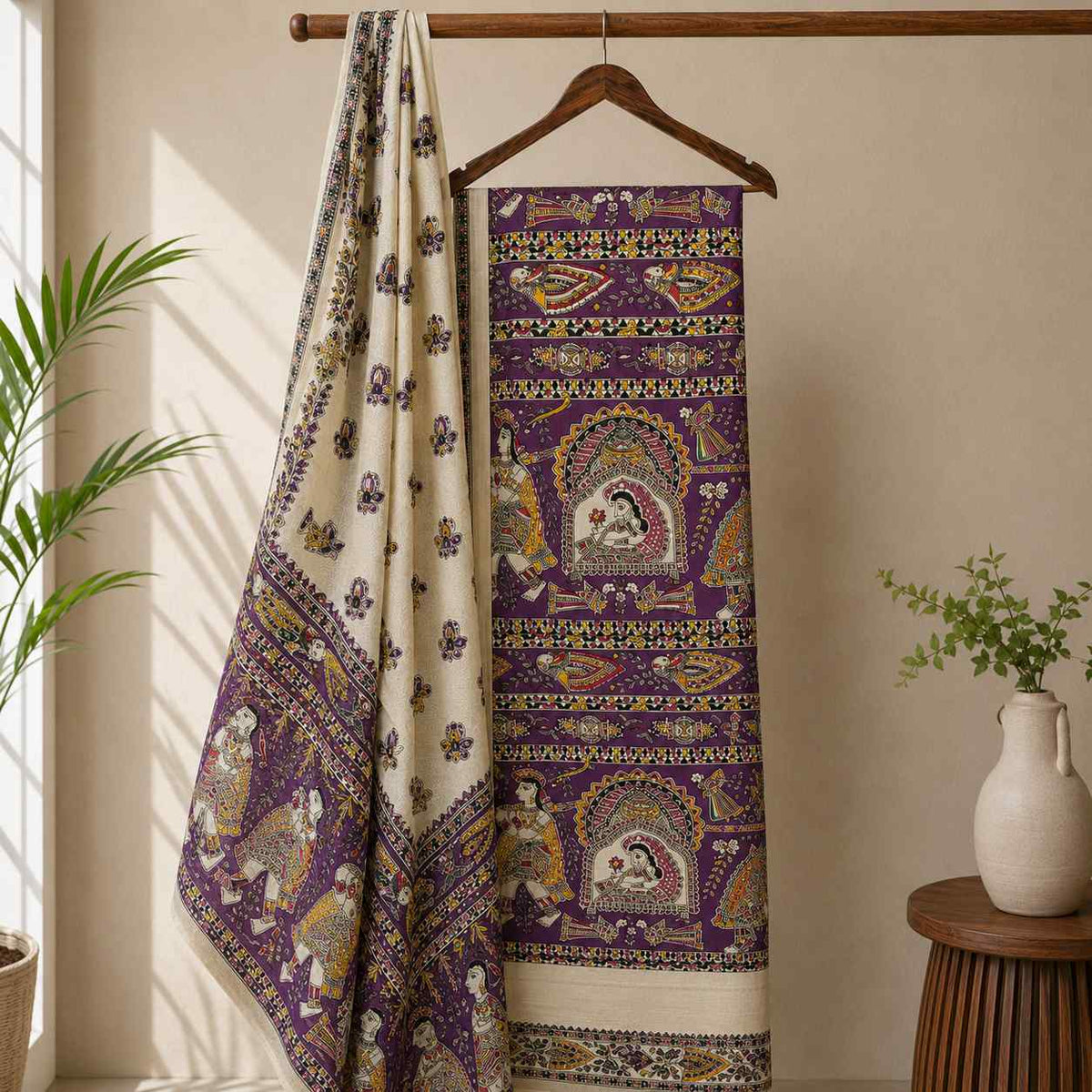 Premium Purple Madhubani Print Cotton Dupion Dress Material for Women | 3 Piece Unstitched Suit Set with Dupatta